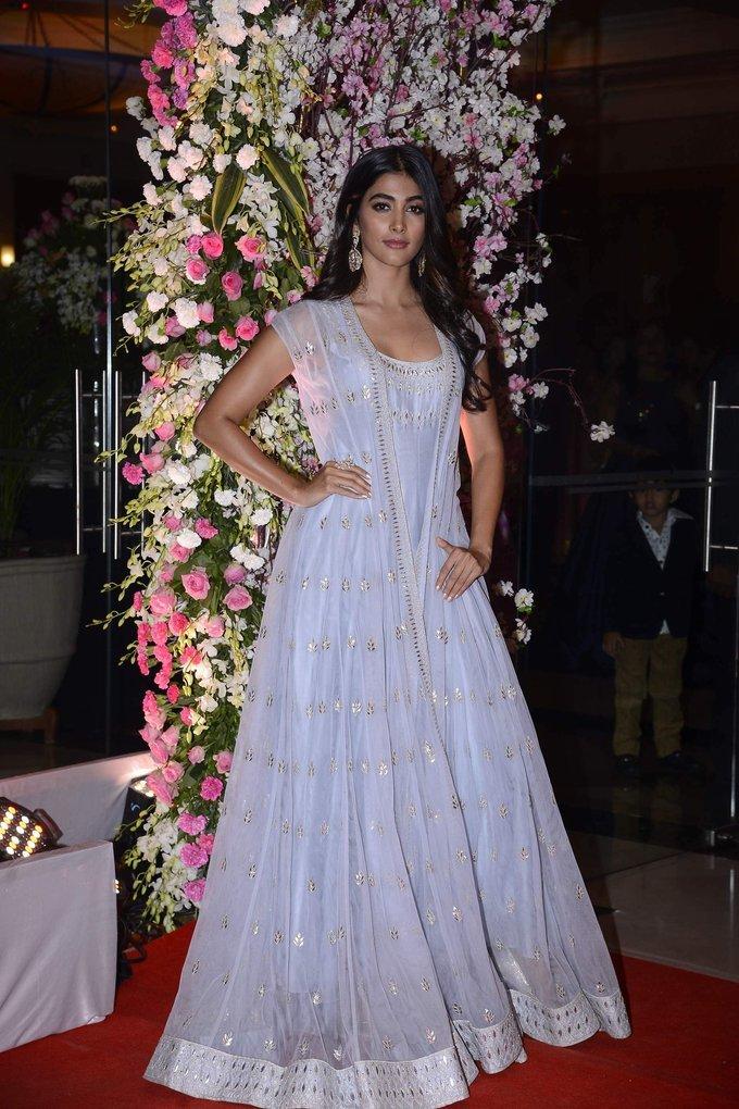 Pooja Hegde Images In Blue Dress At Wedding Reception