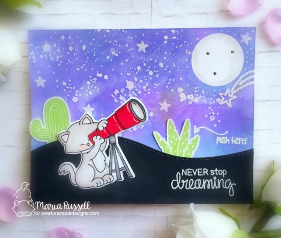 Star gazing Kitty light-up card by Maria Russell | Cosmic Newton Stamp Set by Newton's Nook Designs with Chibitronics lights | #newtonsnook #chibitronics