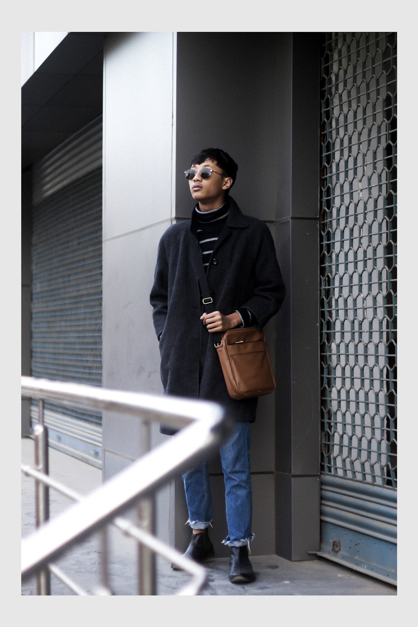 TheQuirkyMinimal by Kangkan Rabha Indian Menswear & Lifestyle blog Wering Thrifted Coat, DIY Jeans, Turtle neck sweater, ASOS Messenger bag & sunglasses, Koovs Boots