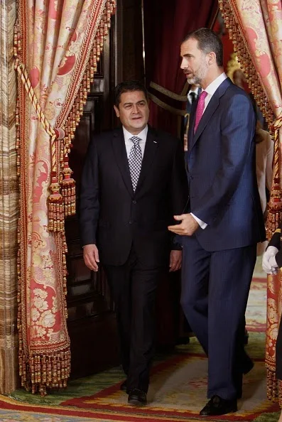 King Felipe VI of Spain (R) receive President of Honduras Juan Orlando Hernandez Alvarado (L) at the Royal Palace on 01.10.2014 in Madrid, Spain.