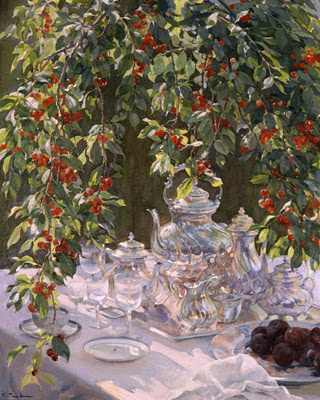 Cerezas Cerezas, Retrato entre viñas, Lirios, Francisco Pons Arnau, Pintor español, Pintor Valenciano, Pintura Valenciana, Impresionismo Valenciano, Pintor Pons Arnau, Retratos de Pons Arnau