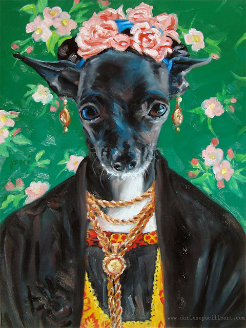 Little chihuahua dressed as Frida Kahlowith flowers in her hair, earrings, necklaces and a black coat. 