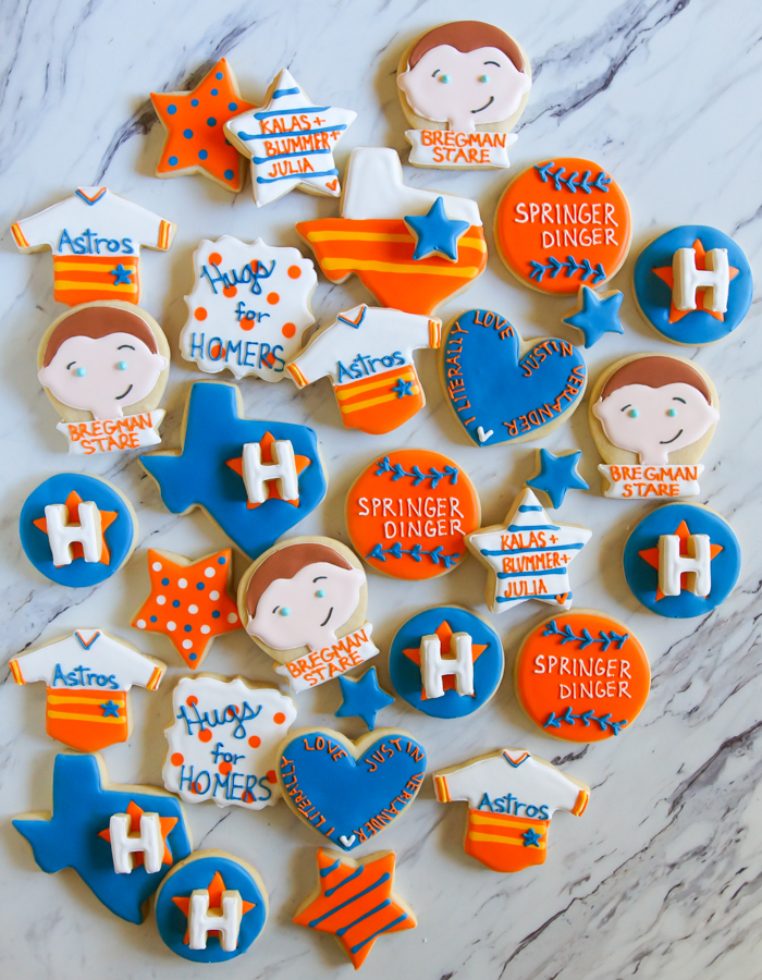 Houston Astros Decorated Cookies: Bregman Stare, Hugs for Homers, I Literally Love Justin Verlander, Springer Dinger, Astros Rainbow Jersey