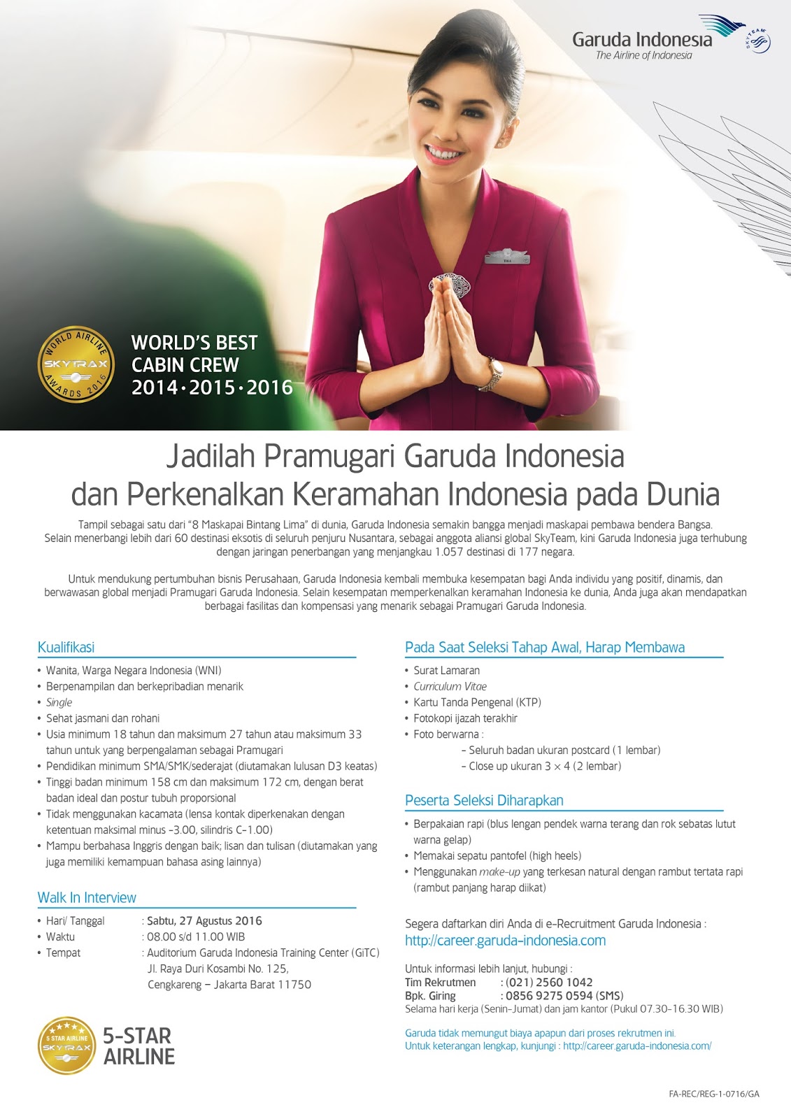 Lowongan Kerja Pramugari PT Garuda Indonesia (Persero) Tbk SMA/SMK