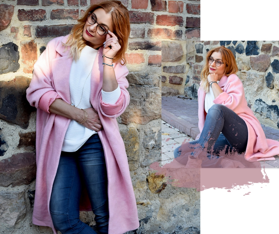 Rosa Mantel, Oversized Schnitt, graue Jeans, Stiefel von Kennel & Schmenger Rosa Oversized Mantel, graue Stiefeletten, wie style ich Rosa
