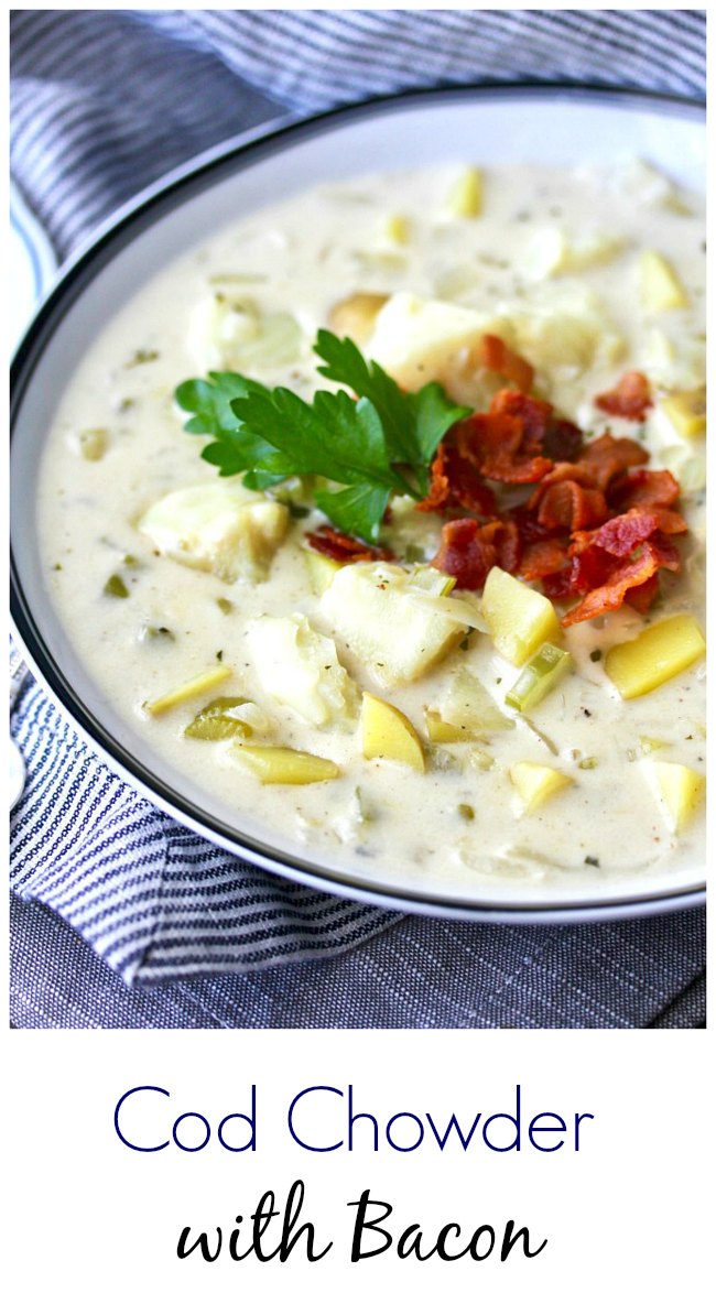 This Cod Chowder with Bacon, loaded with Yukon gold potatoes and a bite-sized pieces of cod. #chowder