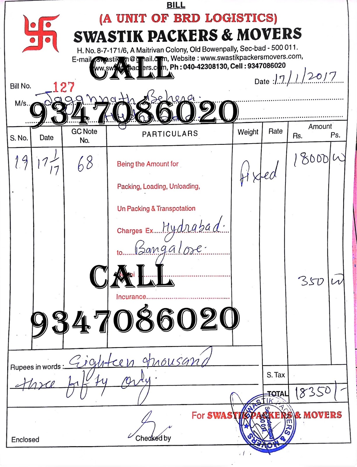 movers and packers bill