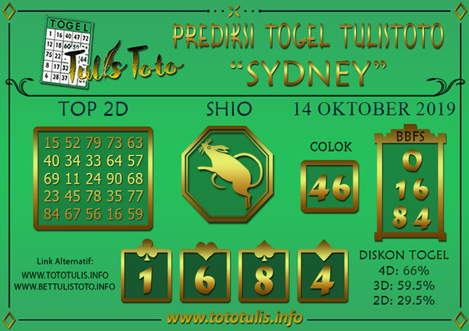 Prediksi Togel SYDNEY TULISTOTO 14 OKTOBER 2019