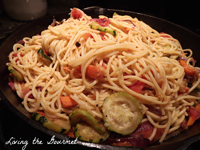 fresh tomatoes with grilled veggies and spaghetti