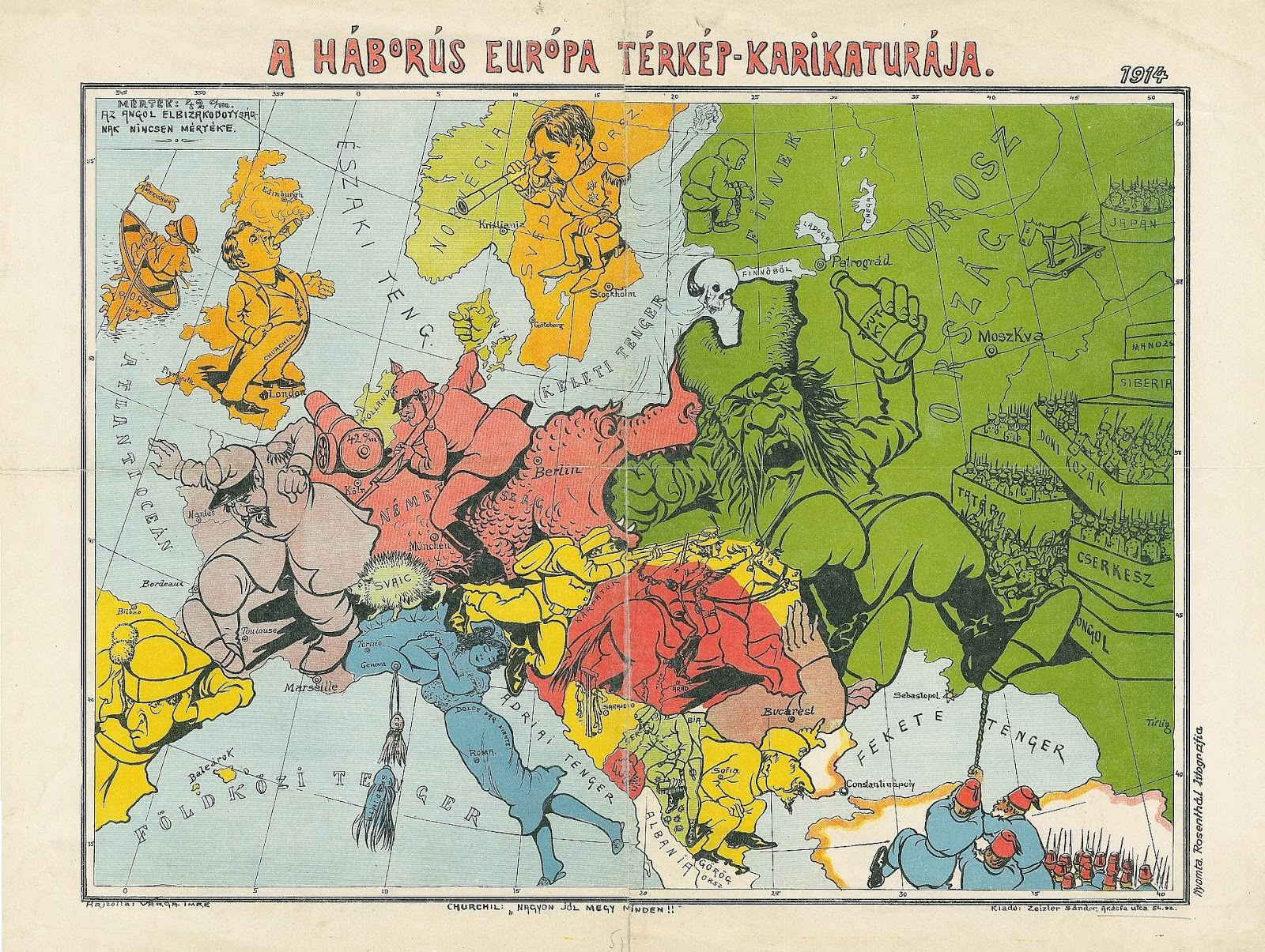 Caricature War map of Europe (1914) (Hungarian)