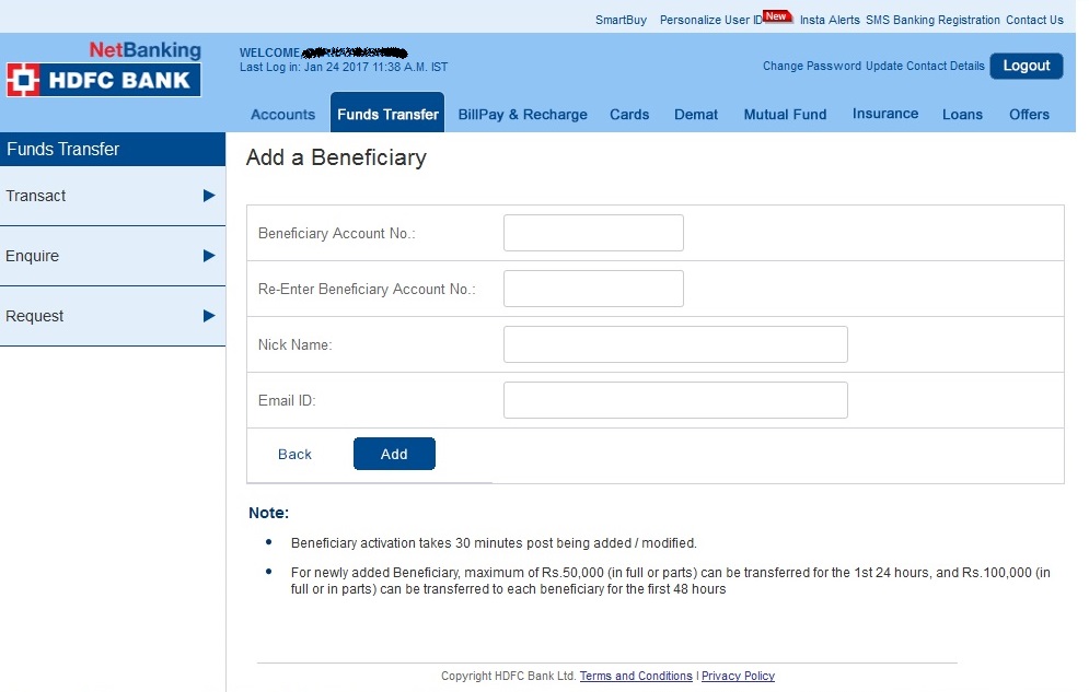 How to Add a Beneficiary to HDFC account and transfer funds using NEFT