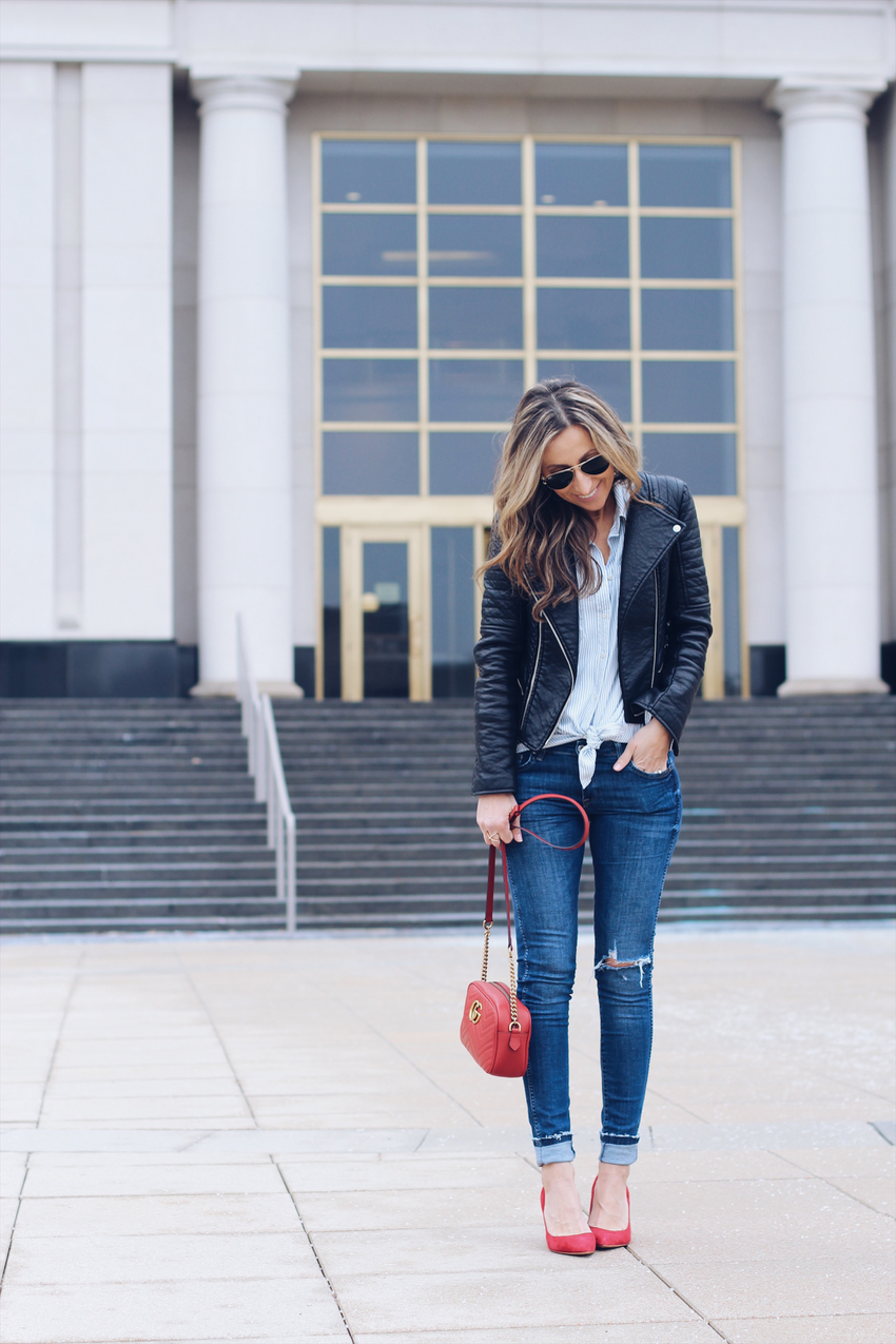 red moto jacket outfit