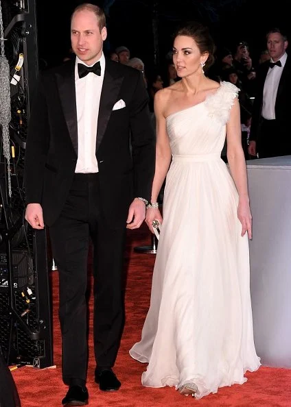Kate Middleton, the Duchess of Cambridge wearing Princess Diana's pearl earrings, Alexander McQueen one shoulder gown