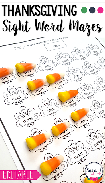 Editable sight word mazes with a turkey theme are perfect for November or any fall month. Add your own words and the mazes will be automatically created for you!