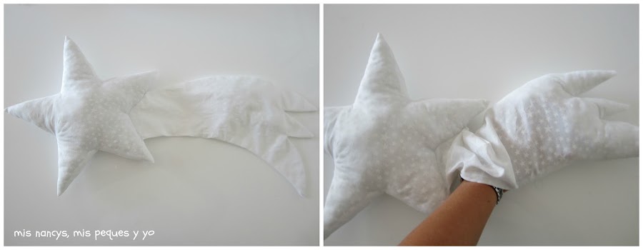 mis nancys, mis peques y yo, tutorial DIY cojín con forma de estrella de Navidad, rellenar la cola