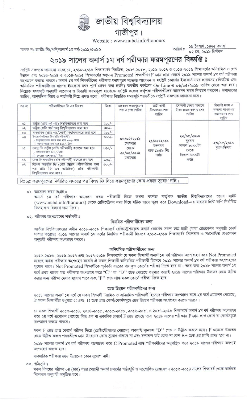 Honours 1st year form fill up notice 2019 Honours 1st year form fill up notice 2019