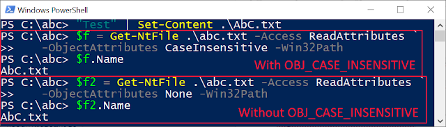 Opening the file AbC.txt with OBJ_CASE_INSENSITIVE and without.
