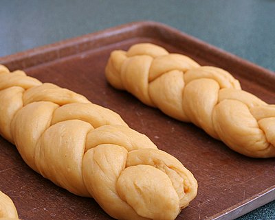 The braided loaves of Armenian Easter Bread (Choereg), after being allowed to rise.