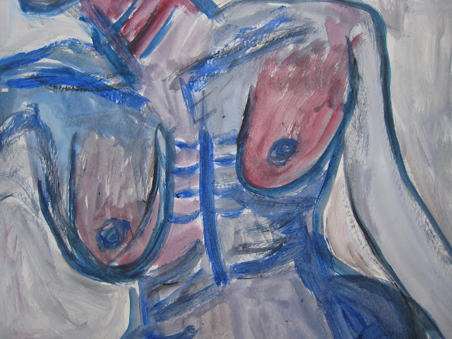 Pintura que muestra el torso azul de una mujer con el pecho en movimiento, obra de Emebezeta