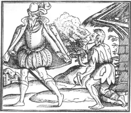 Sketch of a gentleman giving alms to a beggar: Illustration for "Of Pride" in John Day's  A christall glasse of christian reformation, London, 1569 via Wikimedia Commons