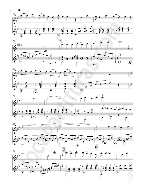 Music Score 4 Partitura de Dúo de Flauta Traversa y Guitarra de La Bikina de Rubén Fuentes Sheet Music for Duet Flute & Guitar