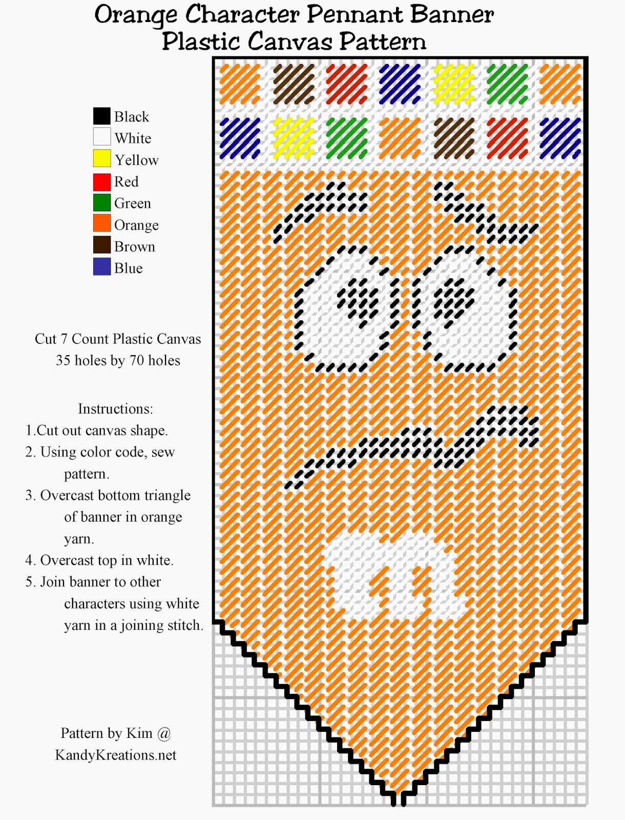 Make your own pennant banner with the orange M&M character using this Plastic canvas pattern freebie.  Simply right click and save this pattern to create your own party decoration or kitchen decor.