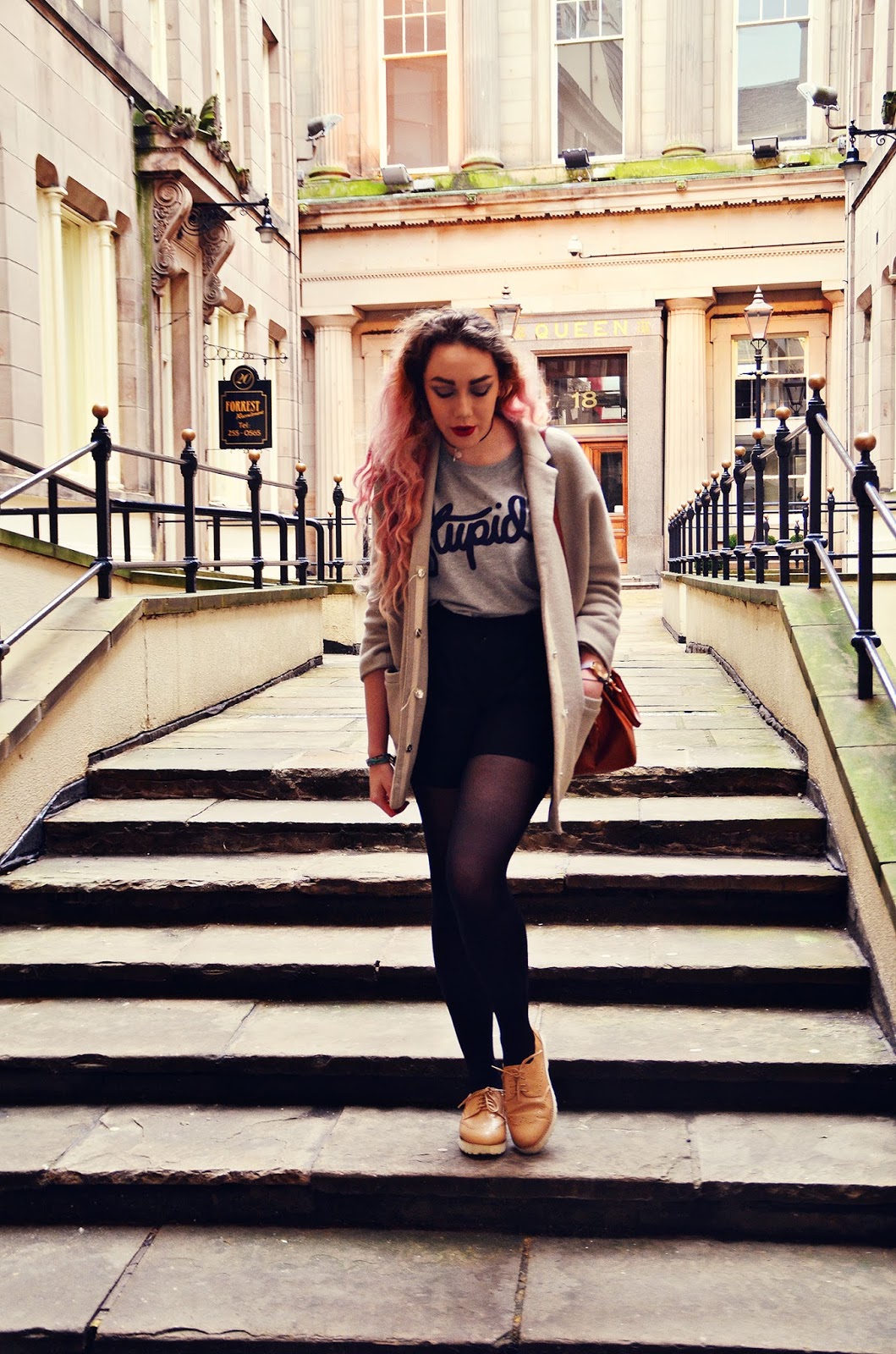 T-Shirt* // Stupid Clothing Coat // Topshop (old) Pleated Shorts* // Lavish Alice via Laundry Boutique Brogues* // Style Edit, UK Style Blogger, Stephi LaReine, pink hair