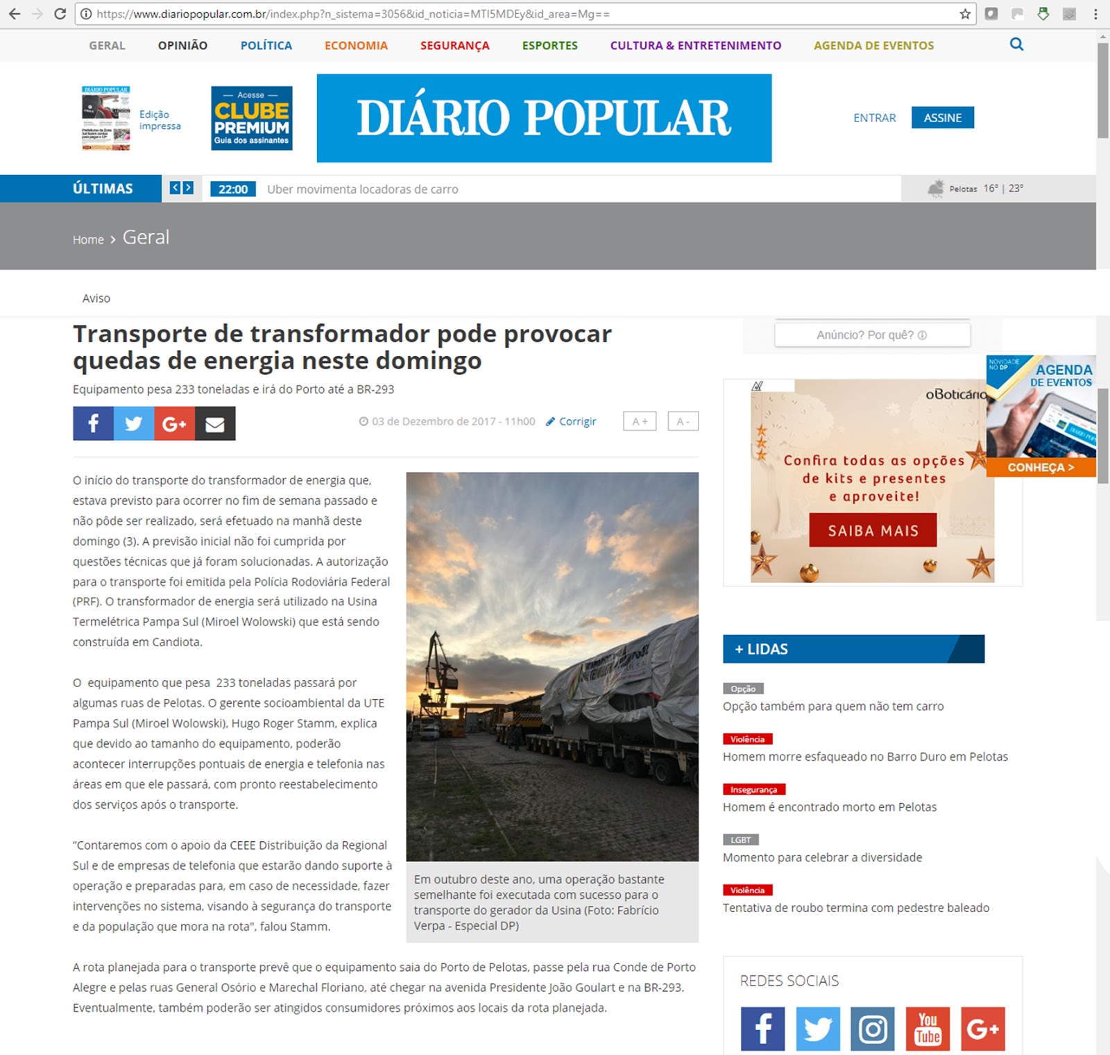Notícias UTE Pampa Sul Diário da Popular (Pelotas) 03 de dezembro de 2017 Notícias UTE Pampa Sul Diário da Popular (Pelotas) 03 de dezembro de 2017