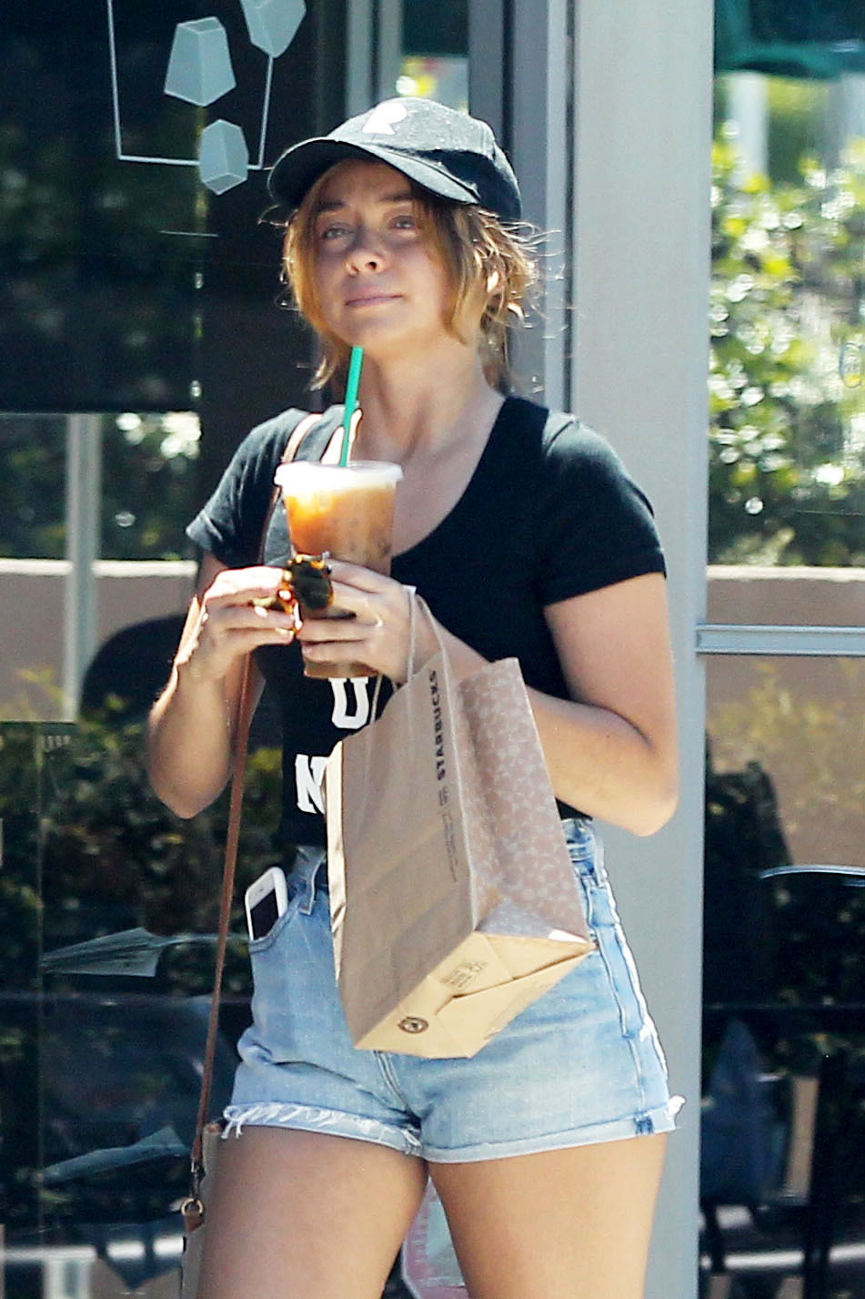 Sarah Hyland in Shorts Leaving a Starbucks in Los Angeles, July 20