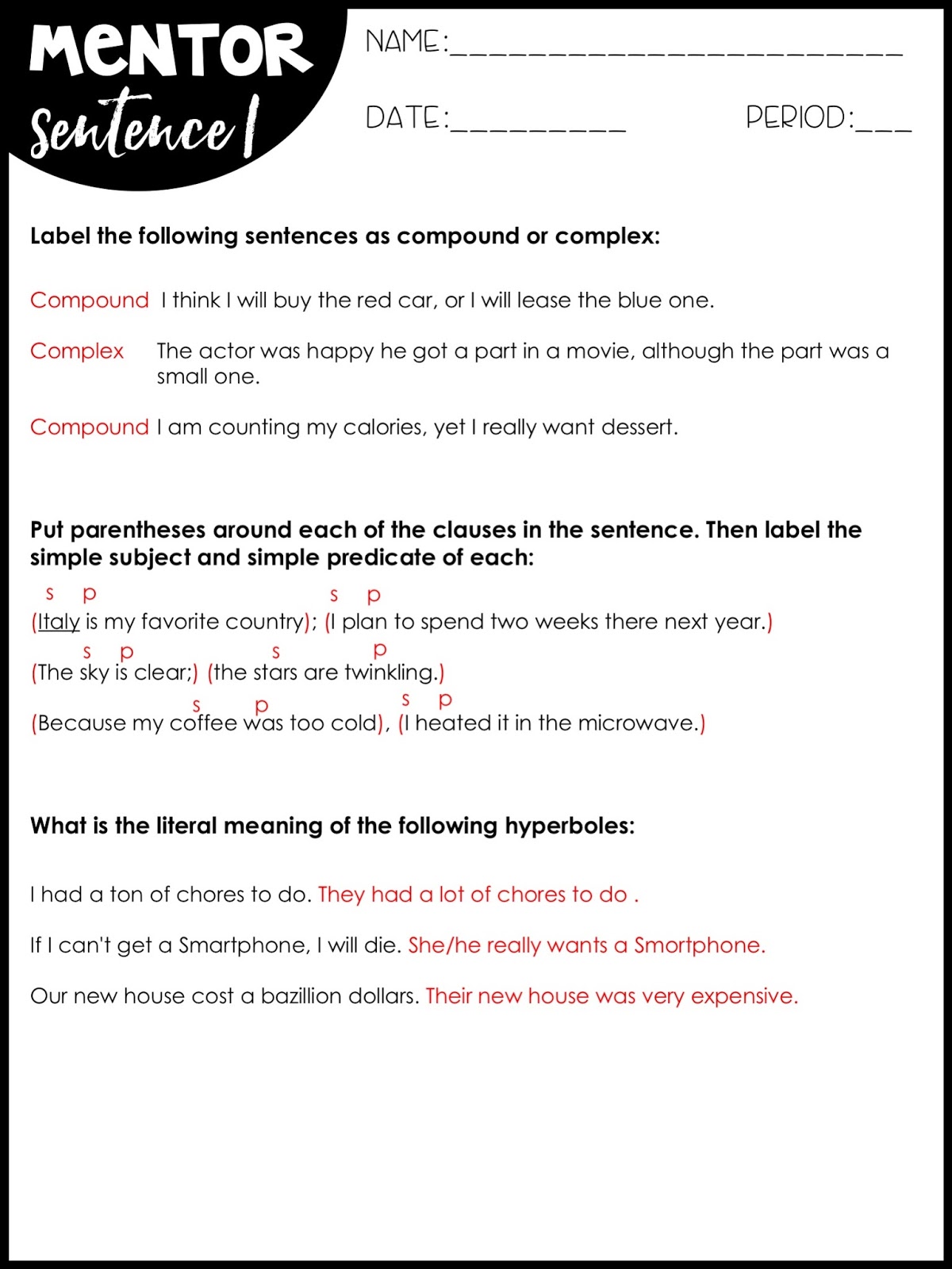 Mentor Sentences 2 Worksheets