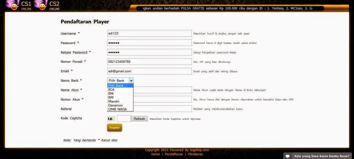 PANDUAN DAFTAR TOGELVIP