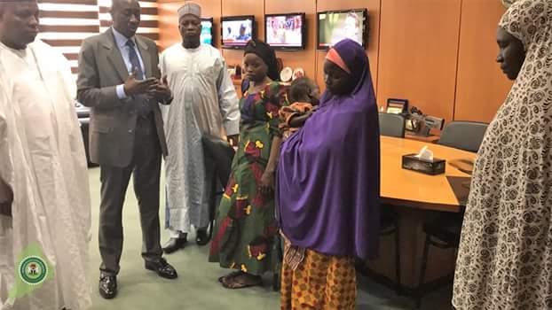Photos: Governor Shettima hands over rescued Chibok girl, Salomi Pogu, others to National Security Adviser, Babagana Monguno