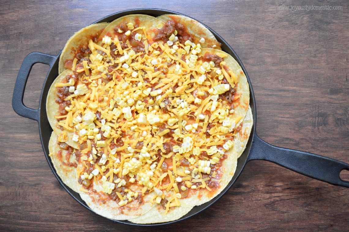 Joyously Domestic Cheesy Stacked Enchilada Skillet Bake