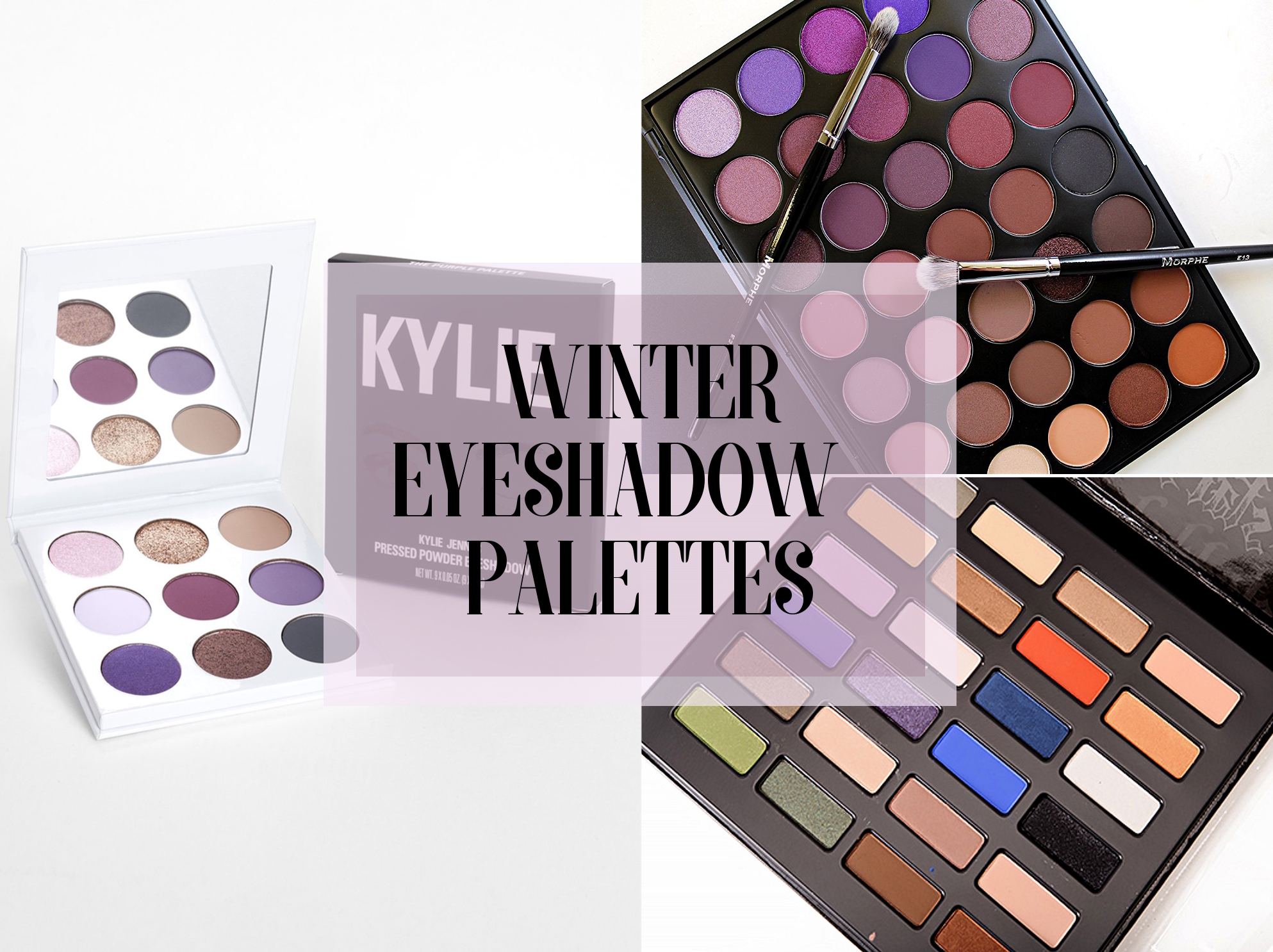 beauty collage with top 5 eyeshadow palettes perfect for winter makeup look