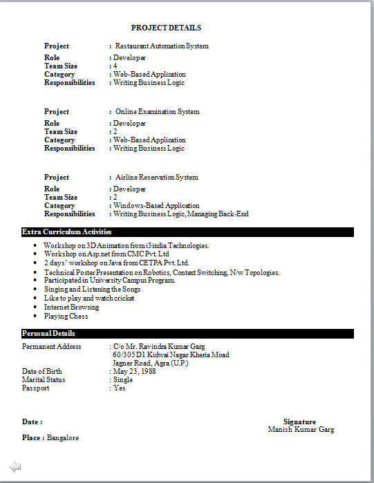 Sample resume for mca