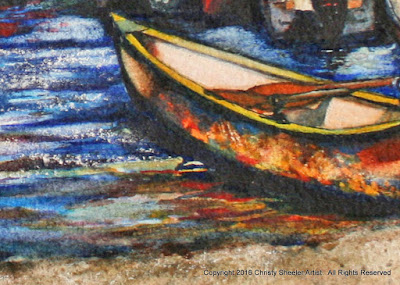 cropped view of canoe on mountain lake, watercolor painting, Christy Sheeler Artist, shemustmakeart.blogspot.com