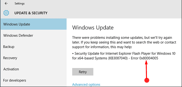Error 0x80004005 in Windows 10