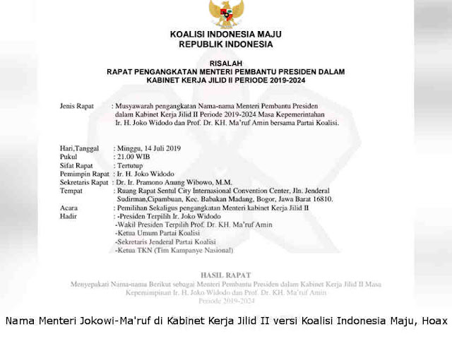 Daftar Nama Menteri Jokowi-Ma'ruf di Kabinet Kerja Jilid II versi Koalisi Indonesia Maju, Hoax Daftar Nama Menteri Jokowi-Ma'ruf di Kabinet Kerja Jilid II versi Koalisi Indonesia Maju, Hoax