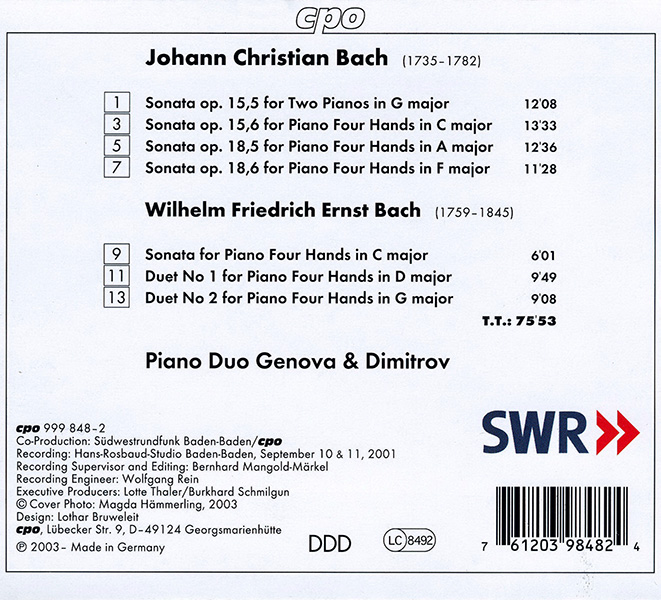 Classical Jc Bach Wfe Bach Works For Piano Four Hands - 