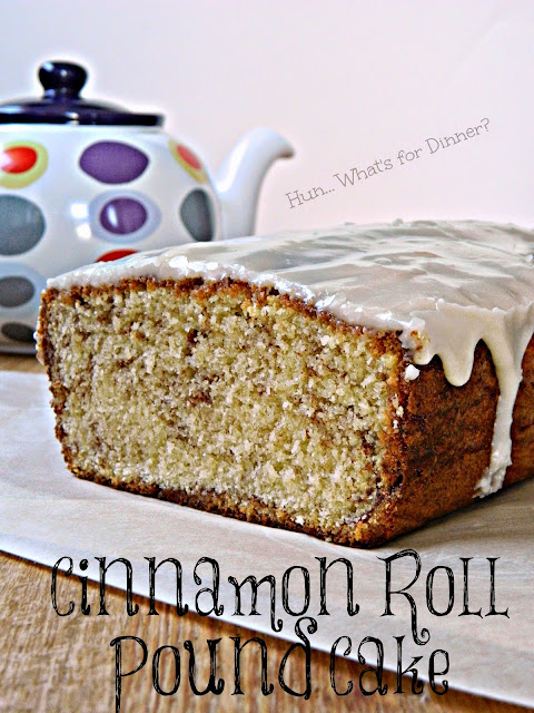 Featured Recipe | Cinnamon Roll Pound Cake from Hun... What's For Dinner? #recipe #cake #poundcake #cinnamonroll #SecretRecipeClub