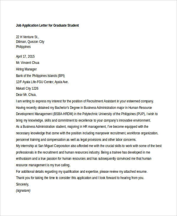 Application Letter For Undergraduate Student Sample Application Letter For Undergraduate Student Sample