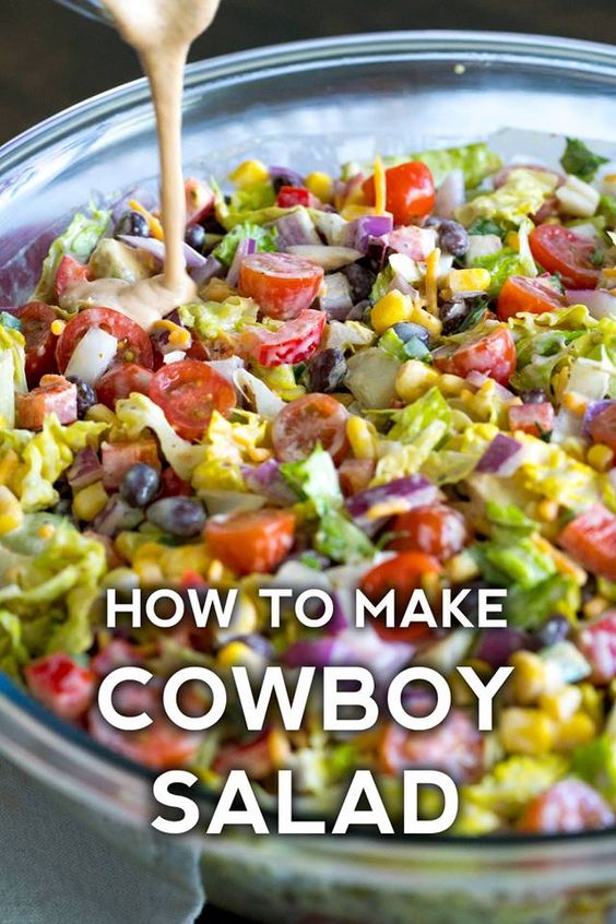 If you’re familiar with our cowboy caviar or cowboy pasta salad, you should be pretty excited to see this cowboy salad. Similar to the pasta variety (just without the noodles) this is a hearty salad