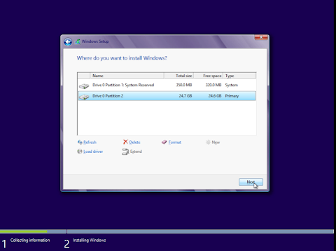 Pilih Partisi Pada Hardisk yang ingin anda Instal Windows 8, klik Next.