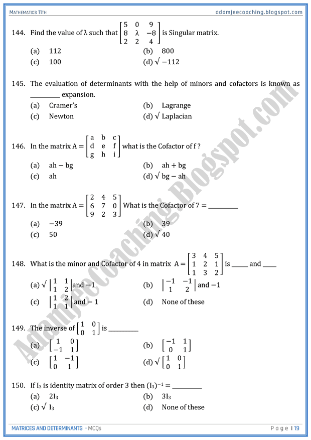 Adamjee Coaching Matrices and Determinants MCQs Mathematics 11th