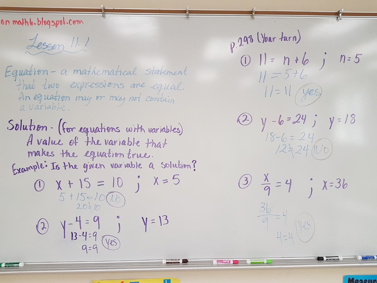 Mrs. Negron 6th Grade Math Class Lesson 11.1 Writing Equations to