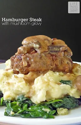 Hamburger Steak with Mushroom Gravy | by Life Tastes Good feeds 4 for about $12 total, and you'll have it on the table in under 30 minutes! #Main #ComfortFood