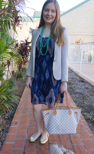 Away From Blue  Aussie Mum Style, Away From The Blue Jeans Rut: Louis  Vuitton Neverfull and Blue Printed Dresses For The Office With Blazers