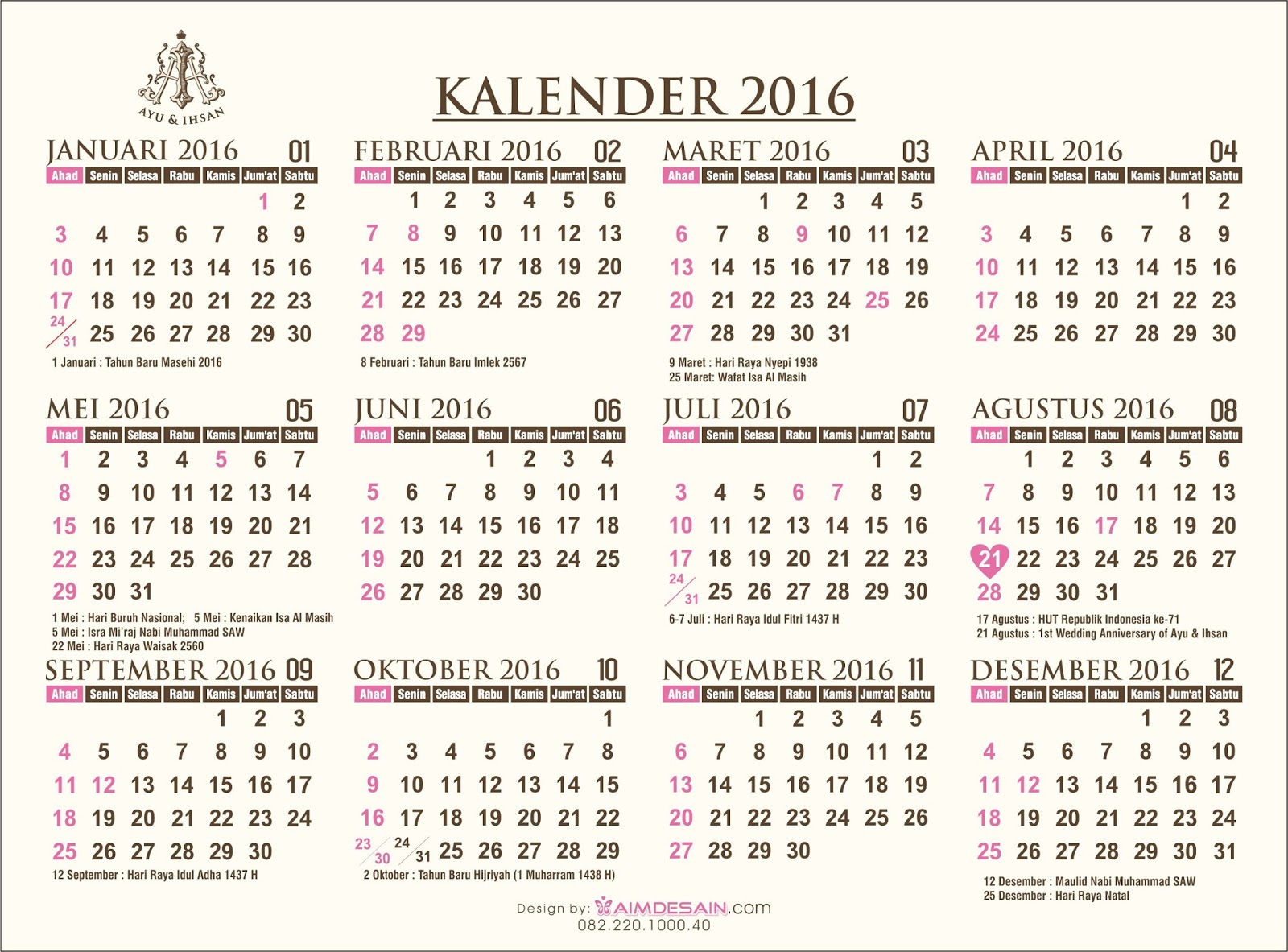 Gambar Kalender 2016 Berukuran Besar Jelas dan Bisa Diprint