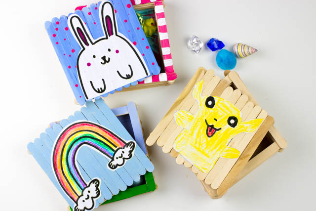 popsicle stick box crafts for Easter, St. Patrick's Day, and Pokemon Day (Just kidding!)