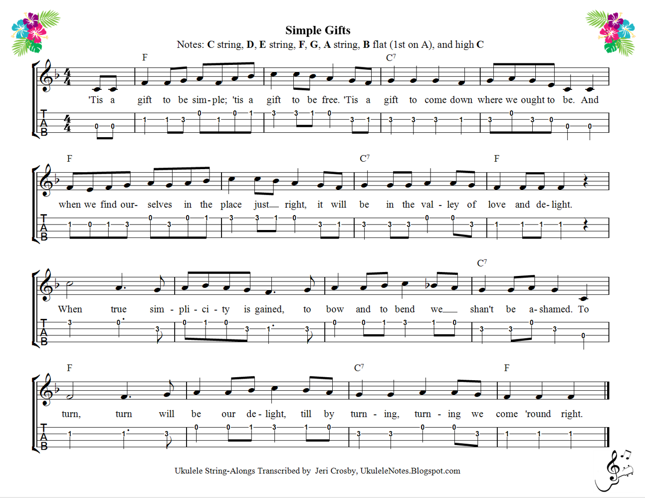 Jeri's YOUkulele Notes Simple Gifts Chords and Melody Staff and Tab